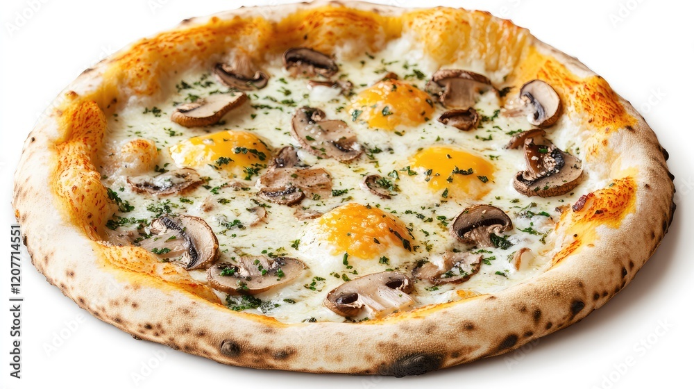 Delicious homemade pizza topped with cheese and sautéed mushrooms on a white background, showcasing a crispy golden crust and fresh herbs. Delicious homemade pizza topped with cheese and sautéed mushrooms on a white background, showcasing a crispy golden crust and fresh herbs.