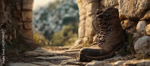 Hiker's boot resting near ancient stone archway with serene nature backdrop and space for personalized text or branding photo