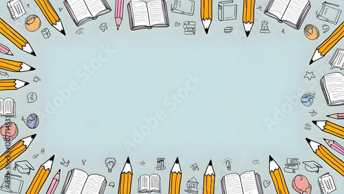 A background design with light pastel colors, featuring hand-drawn doodles of books, pencils, and educational icons around the edges.
