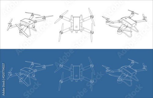 set drone line vector technical drawing blueprint. isolated on transparent background