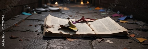 A broken, discarded book lying on the ground in a dark alley, abandoned fiction, forgotten story