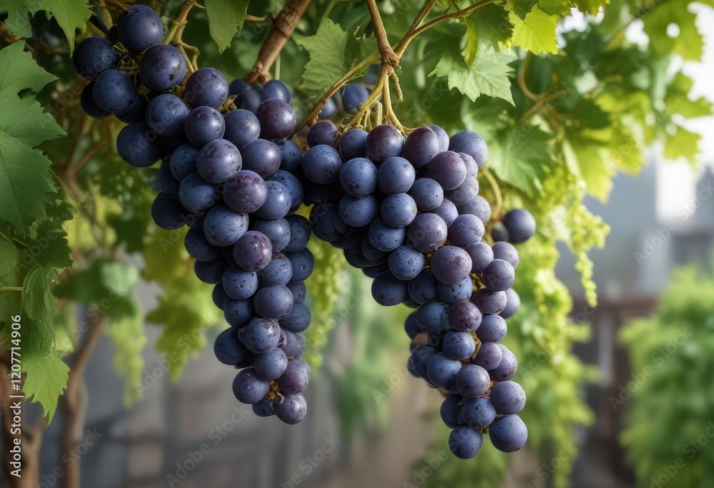 A bunch of blue grapes hanging from the tip of a long and slender green vine, blossom, clusters, foliage A bunch of blue grapes hanging from the tip of a long and slender green vine, blossom, clusters, foliage