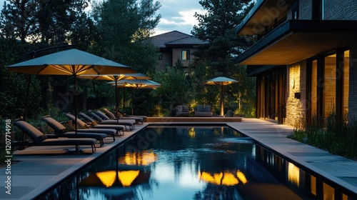 Serene Nighttime Poolside Relaxation at a Luxurious Mountain Estate photo