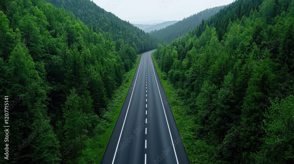 Obraz premium A serene, winding road stretches through lush green forests, offering a peaceful escape into nature's beauty.