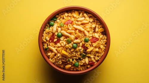 Bowl of traditional Indian poha chivda snack with green peas and nuts on vibrant yellow background photo