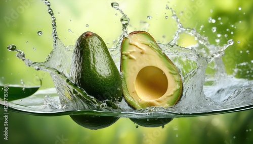 Avocado splashing in water creating a vibrant and refreshing scene in a bright green setting  photo