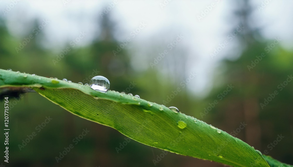 A raindrops on a green leaf with a blurred forest background A raindrops on a green leaf with a blurred forest background