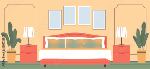 Bedroom interior. Bed front view. Nightstands, table lamps, potted plants, blank photographs, empty frames. Horizontal background. Modern furniture. Cartoon flat isolated vector concept