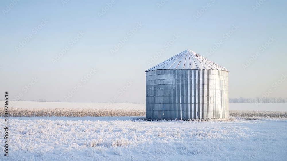 Frost-covered grain bin in expansive snowy field under clear sky winter scene with soft lighting and serene landscape elements Frost-covered grain bin in expansive snowy field under clear sky winter scene with soft lighting and serene landscape elements