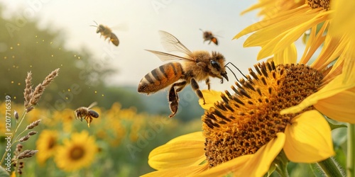 A close-up shot of a honey bee's legs covered in pollen from a nearby floA group of honey bees flying around a cluster of sunflowers collecting pollen, sunflowers, flowers