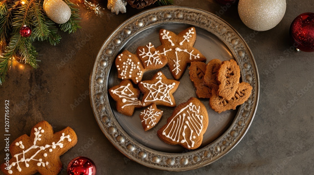 Festive Gingerbread Cookies with Icing Decorated on a Rustic Plate Surrounded by Christmas Ornaments and Pine Branches Festive Gingerbread Cookies with Icing Decorated on a Rustic Plate Surrounded by Christmas Ornaments and Pine Branches