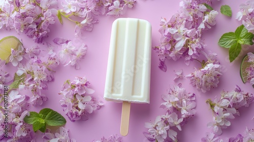 Lime popsicle on a pink backdrop surrounded by purple floral elements and green leaves, emphasizing bright colors and texture. photo