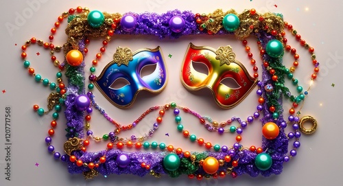 A Mardi Grasthemed glitter frame of masks beads and colorful sparkles photo