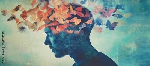 Silhouette of a person in profile with colorful butterflies emerging from the head symbolizing memory and healing in a serene blue and teal background. photo