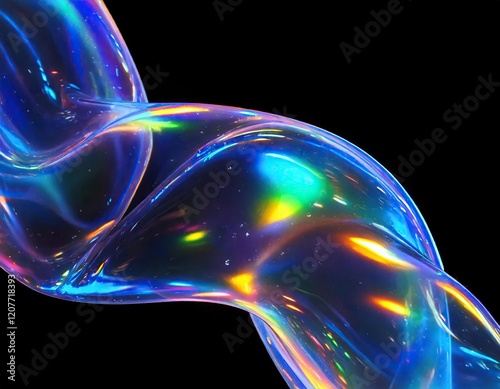 Iridescence Swirl: Abstract image of a swirling, iridescent, translucent form, glowing with vibrant, otherworldly colors against a deep black background. The smooth.