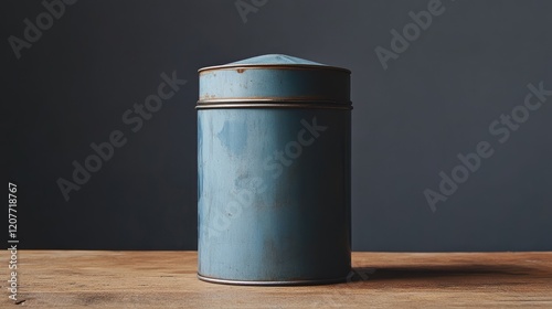 Vintage blue conical tin donation container on rustic wooden table against dark background ideal for charity themes and fundraisers. photo