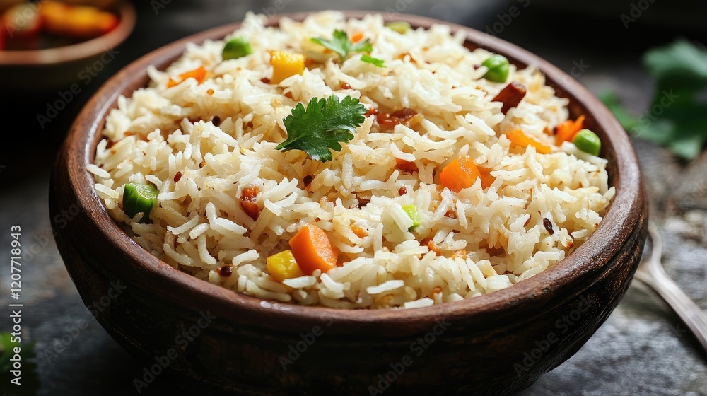 Indian Traditional Vegetable Pulao Served in Wooden Bowl with Fresh Herbs and Colorful Vegetables Indian Traditional Vegetable Pulao Served in Wooden Bowl with Fresh Herbs and Colorful Vegetables