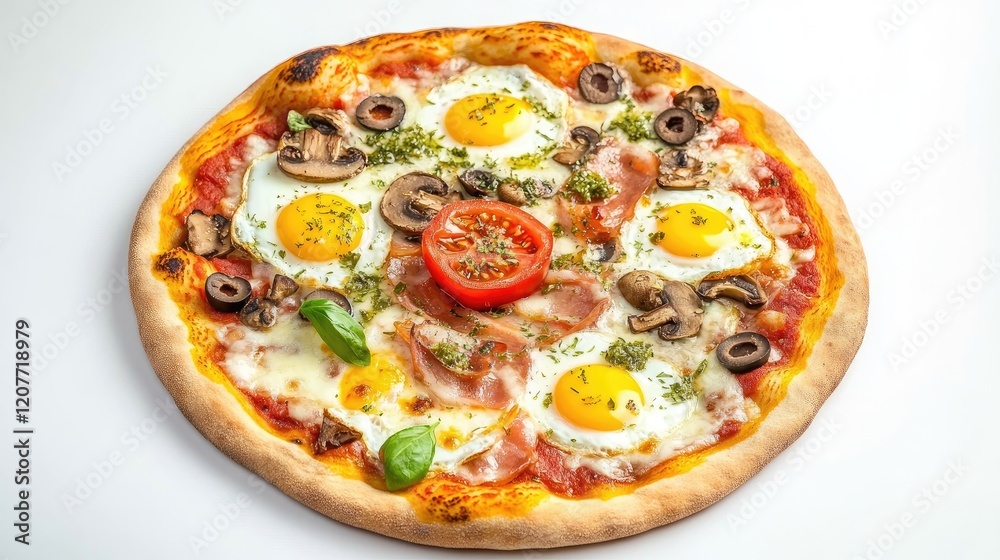 Fresh Mediterranean-style pizza topped with vibrant tomatoes, black olives, eggs, cheese, mushrooms, basil, and a hint of chili pepper, isolated on a bright white background. Fresh Mediterranean-style pizza topped with vibrant tomatoes, black olives, eggs, cheese, mushrooms, basil, and a hint of chili pepper, isolated on a bright white background.