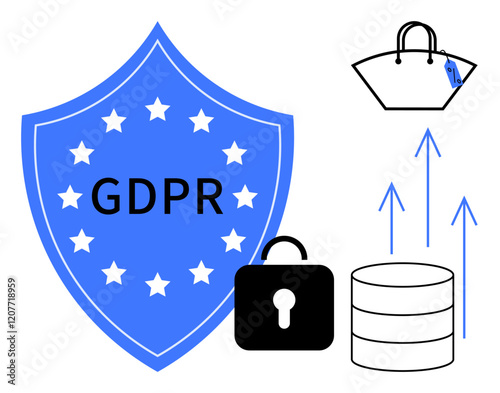 Blue GDPR shield surrounded by lock, shopping bag, and database with upward arrows. Ideal for data security, privacy protection, online shopping, data management, regulatory compliance, information