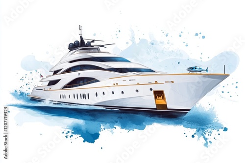 A 2D illustration of a luxury yacht with detailed elements like a helipad, jacuzzi, and sleek lines, drawn against a plain white background