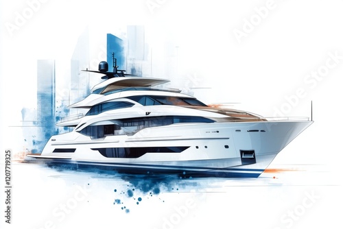 A 2D illustration of a luxury yacht with detailed elements like a helipad, jacuzzi, and sleek lines, drawn against a plain white background