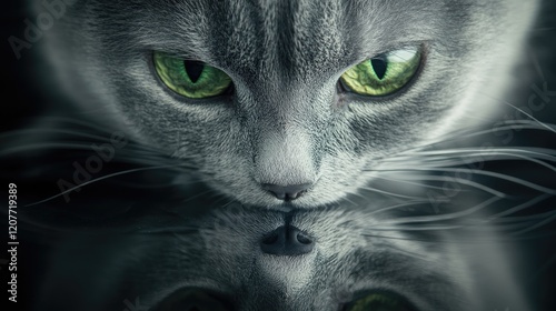 Russian blue cat with striking green eyes and silver gray fur gazing at camera against isolated background with reflective surface