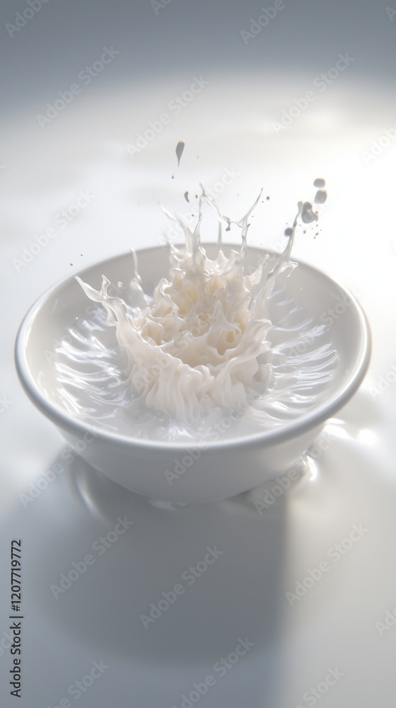 A white bowl splashes up water, creating dynamic droplets against a soft, blurred background, highlighting movement and fluidity.