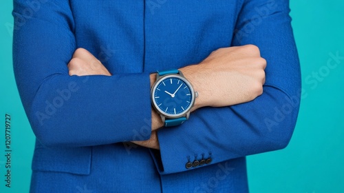 Timeless Elegance: A close-up shot of a sleek wristwatch with a blue face and matching strap, worn by a confident individual in a blue suit, capturing a sophisticated and timeless aesthetic. photo