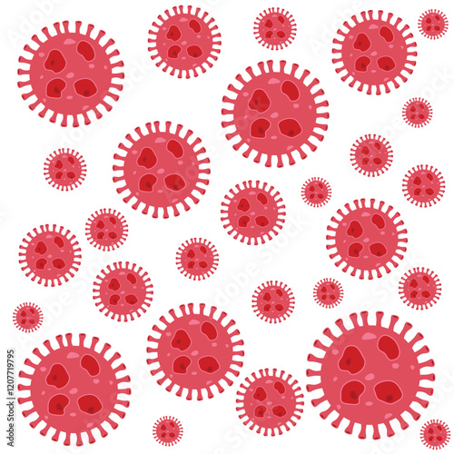 Background of Virus. Bacteria Biology Organisms Seamless Pattern. Virus Infection Ebola Epidemic Sick. Corona, HMPV, Covid and Human metapneumovirus. Flat Vector Illustration