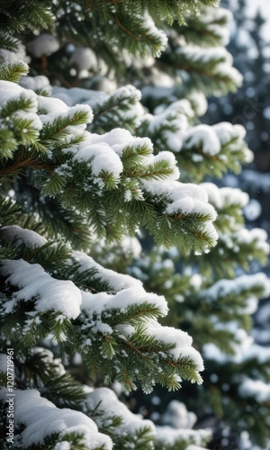 Close-up of Christmas tree branches covered in snow, snowflakes, Close-up