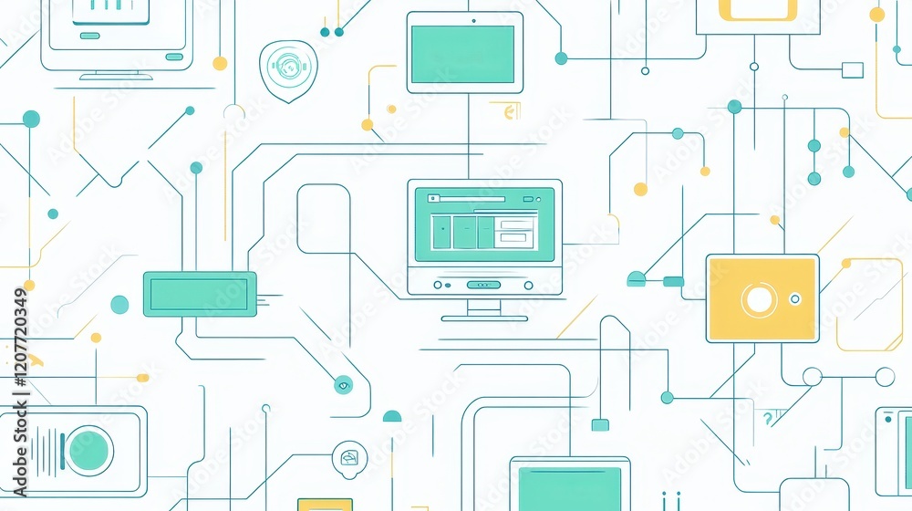 Network in flat design top view connectivity theme cartoon drawing complementary color scheme Network in flat design top view connectivity theme cartoon drawing complementary color scheme