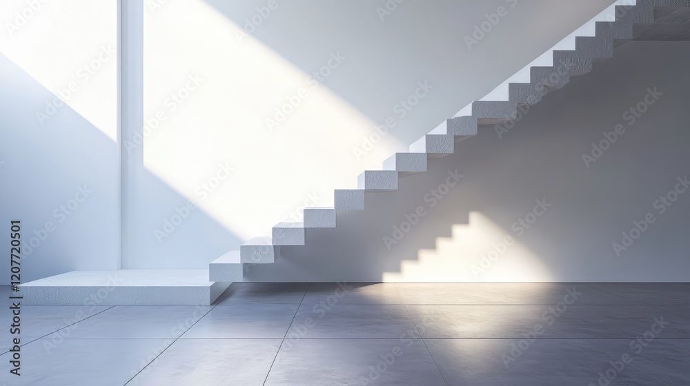 Obraz premium Modern Minimalist Interior with Grey Tread Floor Texture and White Stairs Casting Shadows in Bright Natural Light