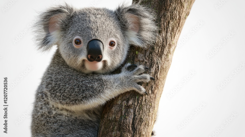 Obraz premium Close-up portrait of a Koala clinging to a tree trunk on a white background