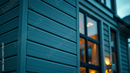 Modern teal home exterior with wood siding, showcasing contemporary architecture and design. High-quality image of residential property, ideal for real estate or construction websites.