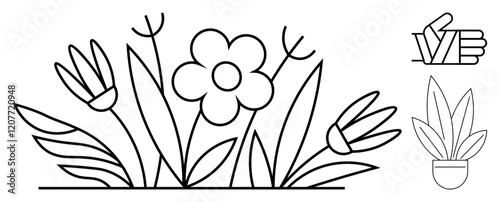 Flowering plants with large central bloom and surrounding leaves. Upper right corner features a thumbs-up hand gesture and a potted plant. Ideal for gardening, nature, minimalism, simplicity