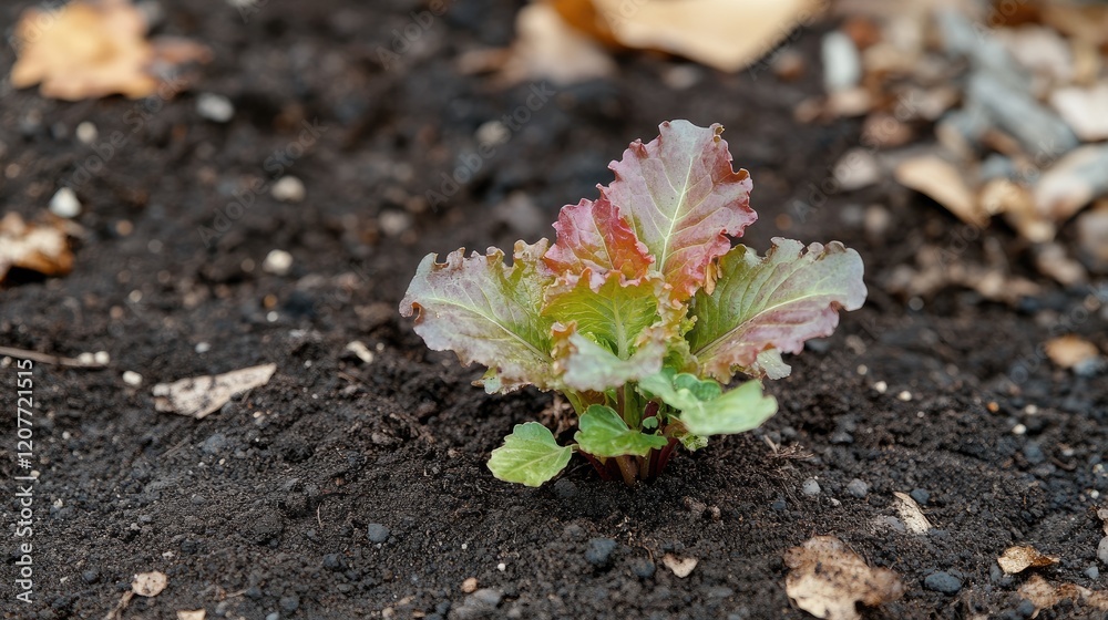 Freshly sprouted lettuce plant thriving in an organic garden bed surrounded by rich, dark soil and natural autumn foliage. Freshly sprouted lettuce plant thriving in an organic garden bed surrounded by rich, dark soil and natural autumn foliage.