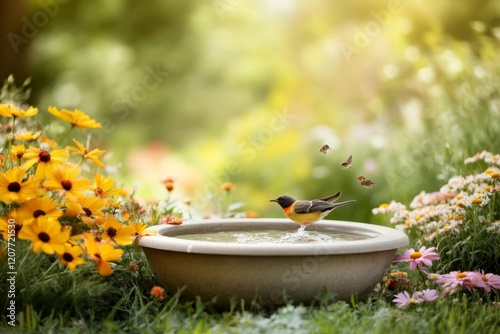 A birdbath in a corner of a yard surrounded by colorful flowers, with small birds splashing playfully in the water
