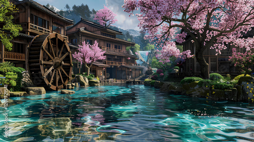 water wheel in the cherry blossom forest is spinning, with clear blue and green waters flowing through it. The wooden house has an open-air balcony on top of which there are pink plum blossoms