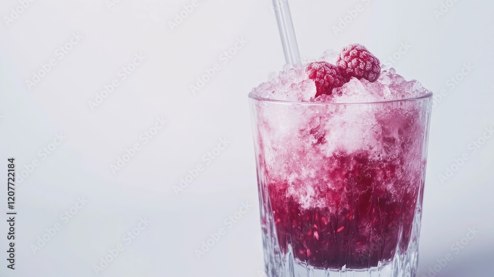 Refreshing summer cocktail featuring crushed granite ice with vibrant frozen raspberries in a clear glass, garnished with a straw, against a soft gradient background. Refreshing summer cocktail featuring crushed granite ice with vibrant frozen raspberries in a clear glass, garnished with a straw, against a soft gradient background.