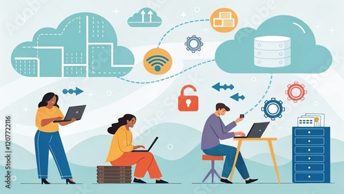 Three people engage with technology, illustrating cloud computing, data security, and connectivity in a modern digital workspace.