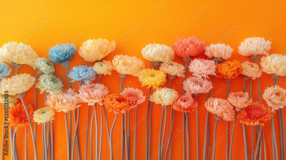 Pastel-colored gerbera daisies arranged against a vibrant orange background, highlighting their varied textures and shades.