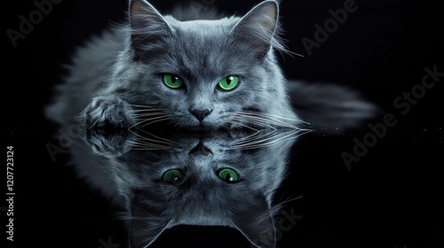 Russian blue cat with striking green eyes and silver-gray fur lying on reflective surface with dramatic lighting against a dark background