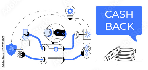 Robot conducts cashback processing with test tubes and shield, surrounded by coins, and ideas light bulb. Ideal for technology, finance, innovation, security, automation, fintech digital