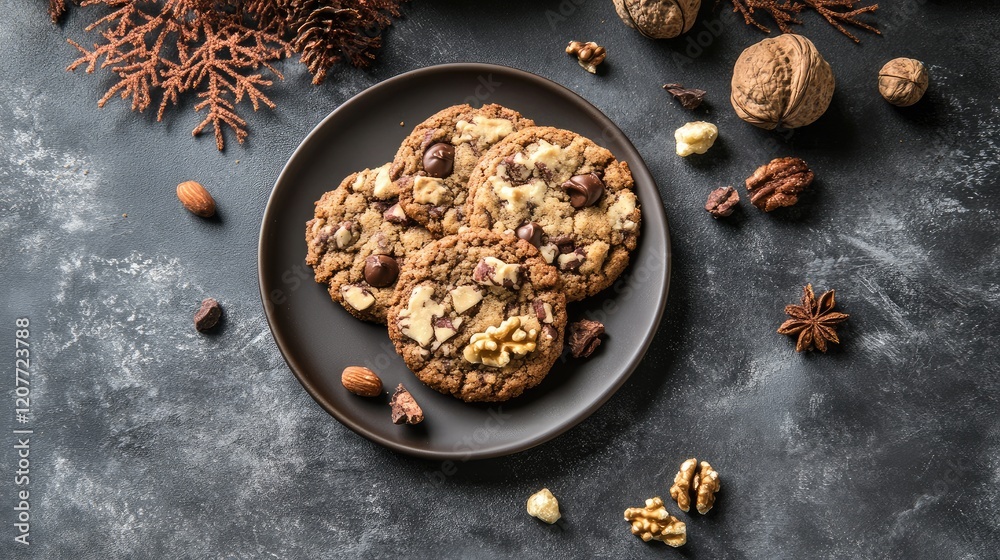 Fototapeta premium Freshly Baked Nutty Cocoa Cookies Artfully Arranged on a Dark Plate Surrounded by Autumn Leaves and Nuts Against a Textured Gray Background