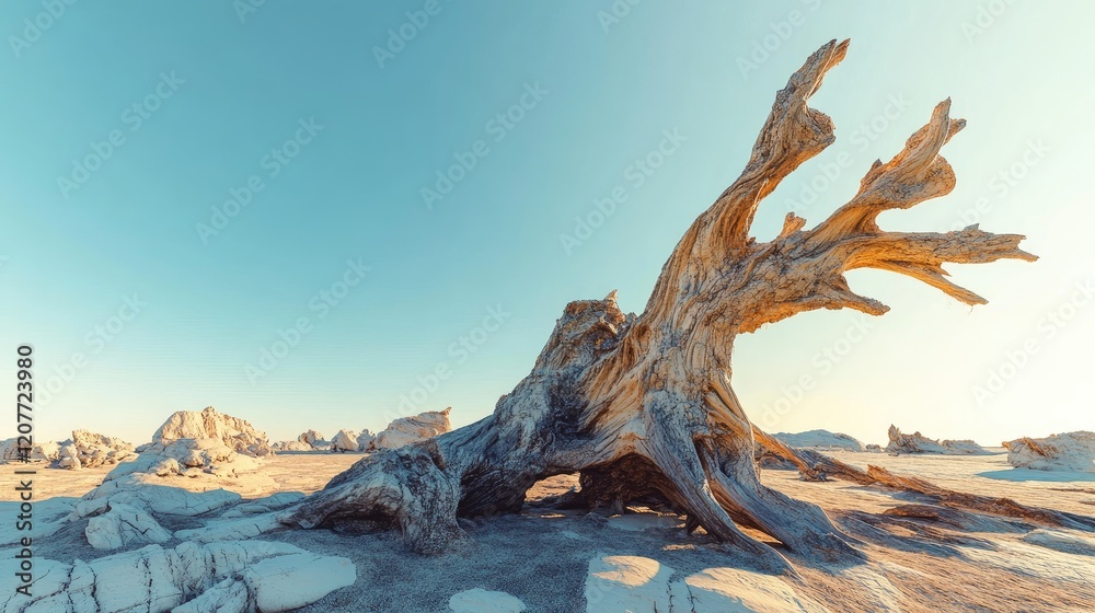 Weathered dead tree in arid desert landscape beneath vibrant clear blue sky showcasing rugged textures and earthy tones in expansive scenery Weathered dead tree in arid desert landscape beneath vibrant clear blue sky showcasing rugged textures and earthy tones in expansive scenery