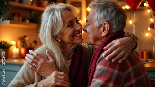 European mature gray-haired couple in love having dinner, hugging. The room is festively decorated with lights, flowers and heart-shaped balloons. Subdued atmosphere of warmth and coziness.