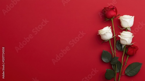Elegant Roses on a Bright Red Background, Romantic Floral Arrangement Perfect for Valentine’s Day or Special Occasions with Timeless Beauty and Charm