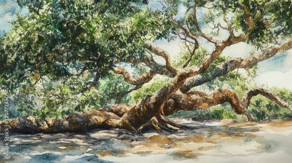 Large mangrove tree with sprawling branches forming a green canopy in bright sunlight, detailed watercolor illustration with earthy tones. Large mangrove tree with sprawling branches forming a green canopy in bright sunlight, detailed watercolor illustration with earthy tones.