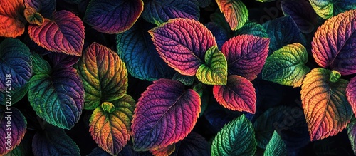 Vibrant multi-colored Homalomena leaves with textured green surfaces set against a dark background ideal for aesthetic wallpapers and design graphics. photo