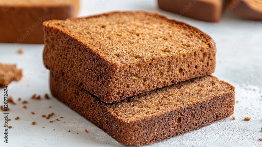 Homemade rye sourdough bread loaves with crispy crust and moist crumb on light gray surface with scattered crumbs in natural light setting Homemade rye sourdough bread loaves with crispy crust and moist crumb on light gray surface with scattered crumbs in natural light setting